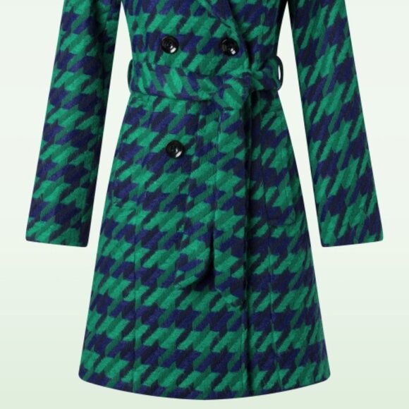 Green and Blue Houndstooth Double Breasted Wool Pea Coat with slight A Line. NWT - Picture 4 of 15